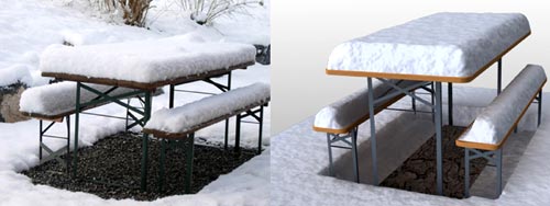 © N. v. Festenberg: Links ein Foto, rechts das Ergebnis der künstlichen Schneeerzeugung.